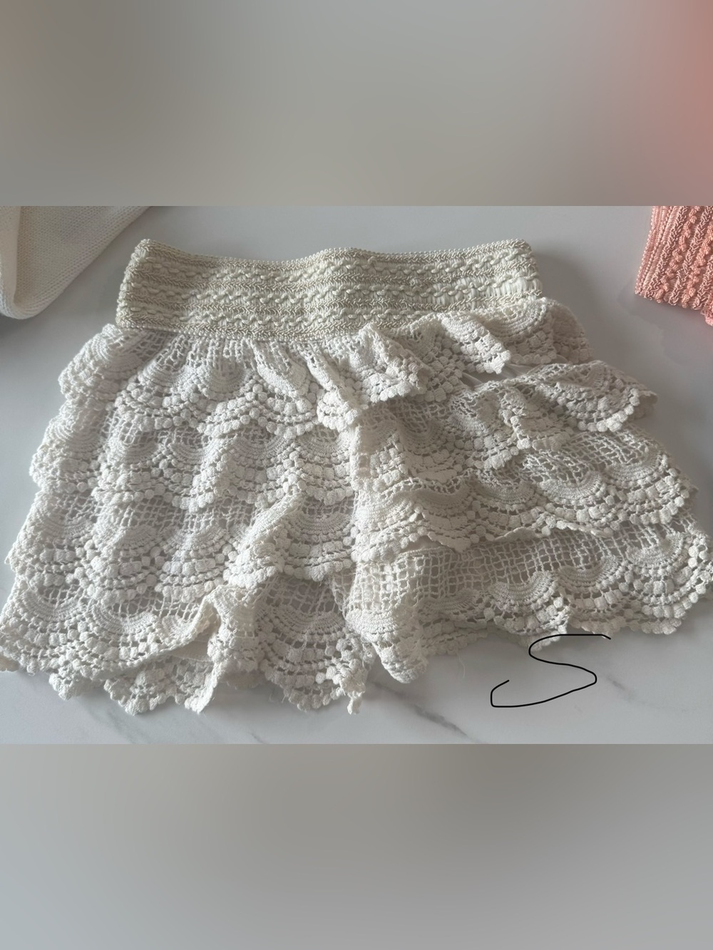 Crochet Lace Ruffle Mini Skirt in Cream